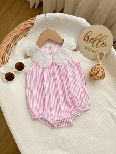 Newborn Baby Girl Cute Summer Casual Vacation Striped Ruffle Sleeveless Romper