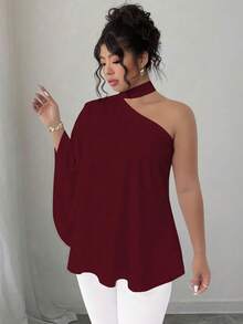 SHEIN Elenzya Blusa asimétrica con hombros y cuello de corbata estampada para tallas grandes - Burdeos - Ver 3
