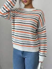 EURMUSE 女士条纹圆领落肩套头衫 - 彩色 - 查看 4