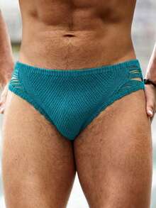 Horizaway 男士纯色镂空针织三角短裤，适合夏季海滩穿着，几何图案男士性感泳裤，蓝绿色泳裤 - 綠色 - 查看 4