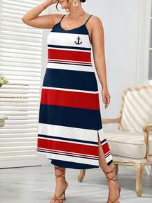 SHEIN LUNE 大码女式夏季条纹连衣裙，V领，中长款，侧开衩，航海风休闲连衣裙 - 彩色 - 查看 9