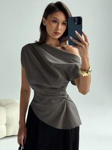Aloruh New Minimalist Fashion Versatile Gray Asymmetrical Shoulder Ruched Decor Fitted Short Sleeve Blouse,Summer Top - Dark Grey - View 7