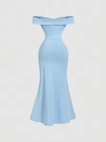 Skyraze 女士优雅浅蓝色露肩开衩褶皱连衣裙，褶皱高开衩长款晚礼服，复古花园派对正式毕业夏季度假装 - 藍色 - 查看 5