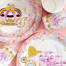 粉色城堡图案一次性餐盘、餐巾纸和杯子套装，可供20位客人使用。这款一次性派对用品套装（包括餐盘、餐巾纸和杯子）非常适合生日派对、婚礼和家庭野餐。 - 查看 6