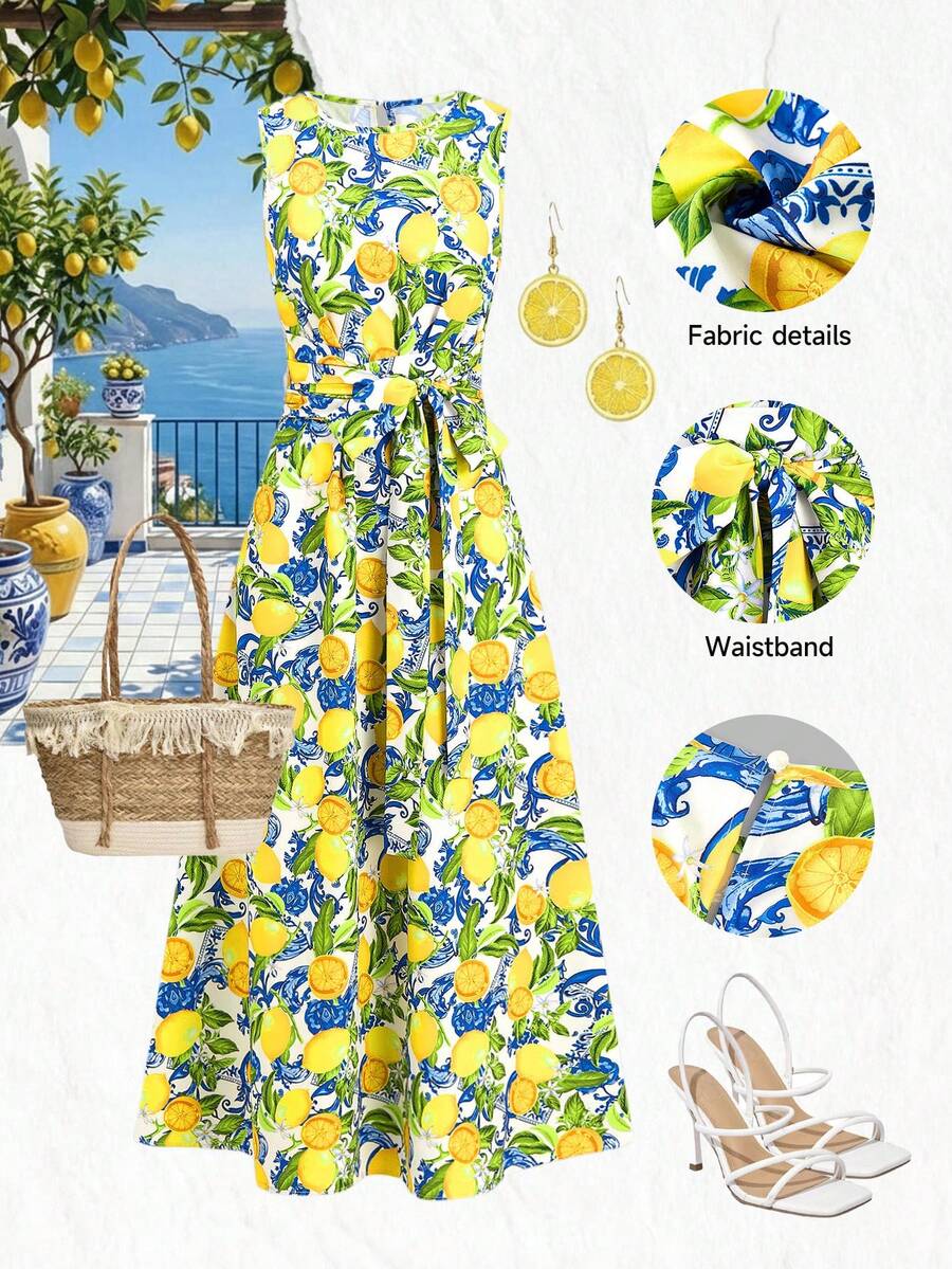 Ellevyn 女士夏季度假野餐格子圆领腰带口袋无袖宽松休闲连衣裙，适合各种场合、休闲通勤和旅行 - 彩色 - 查看 1