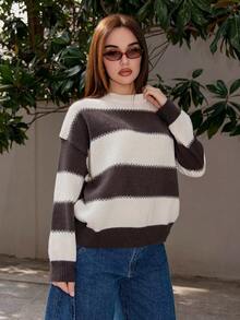 Bris Aura 条纹宽松圆领女式毛衣，长袖，秋季女装 - 咖啡棕 - 查看 5