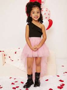 SHEIN Váy lưới vạt trước ngắn vạt sau dài cho bé gái (1 chiếc) - Màu Hồng baby - Xem 5