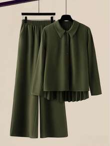 EMERY ROSE Conjunto de camisa de manga larga con pliegues y pantalones rectos versátiles y casuales para mujer de talla grande - Verde militar - Ver 1