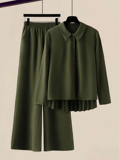 EMERY ROSE Plus Size Women Casual Commuter Versatile Pleated Long Sleeve Shirt And Straight Leg Pants Set