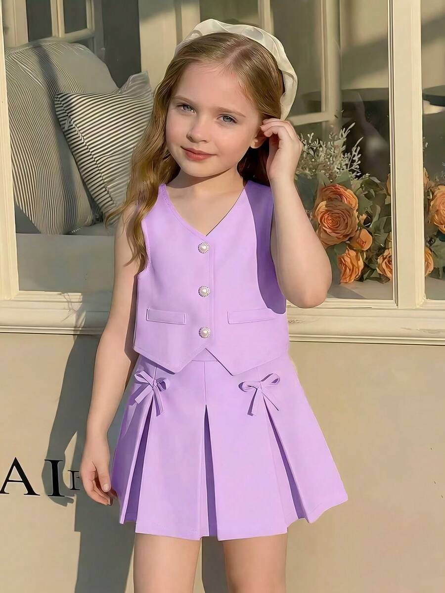 Souflis Souflis 少女甜美粉色无袖珍珠纽扣背心+蝴蝶结百褶裙两件套，优雅淑女风休闲装，夏季 - 紫色 - 查看 1