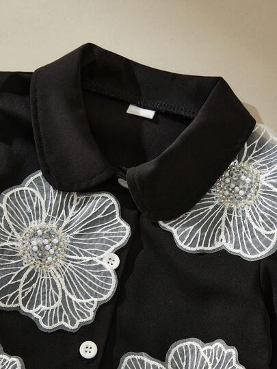 SHEIN Young Girl Floral Decor Petal Sleeve Blouse