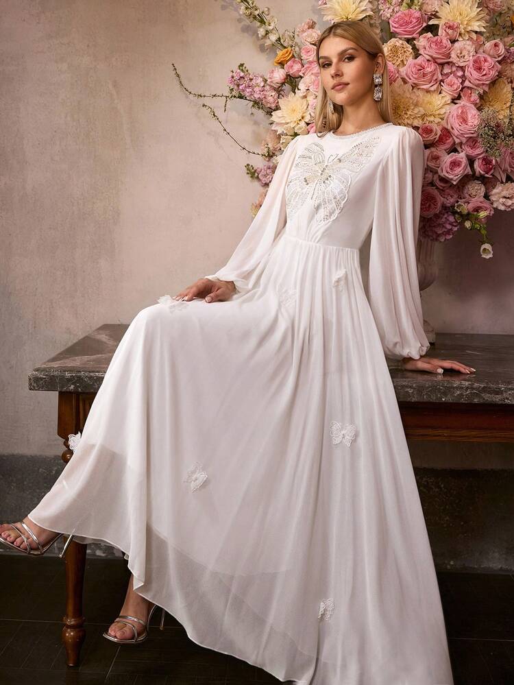 MOTF Soiréza WOMEN'S NEW WHITE CHIFFON LONG SLEEVE ELASTIC WAIST LONG FORMAL PROM DRESS, HIGH-END BANQUET RUNWAY EVENING GOWN