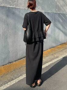 FRIFUL 女士圆领层叠荷叶边露背拼接直筒下摆长款夏季连衣裙 - 黑色 - 查看 5