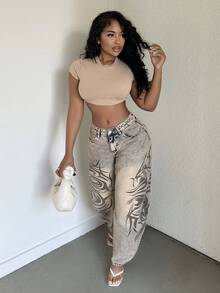 Alexandranx Casual Khaki Round Neck Short Sleeve Fitted Cropped Women T-Shirt, Suitable For Summer Suitable For Going Out - Khaki - View 1