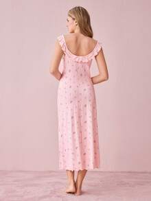 Bonmuse Women's Floral Jacquard Knit Nightgown With Ruffle Trim And Bow Decor Bountiful Floral Splendor Cozy And Elegant Detailsfor Summer - Pink - View 2