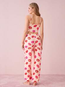 唇印吊带背心和裤子 睡衣套装 / 睡衣套装 - 杏色 - 查看 2