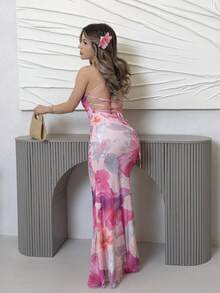 Jemour Women's Floral Print Bodycon Dress With Halter Neck And Fishtail Hem, Suitable For Vacation Party - Pink - View 2