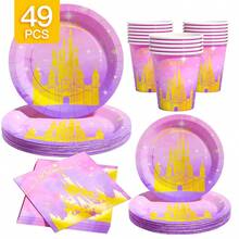 梦幻公主城堡一次性餐盘、餐巾纸和杯子套装，可供8位客人使用。这款一次性派对用品套装（包括餐盘、餐巾纸和杯子）非常适合生日派对、婚礼和家庭野餐。 - 查看 1