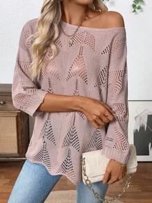 EMERY ROSE Unique Design Hollow-Out Knit Sweater For Women, Loose Fit 3/4 Sleeve Round Neck Cardigan, Spring/Summer - Khaki - View 1