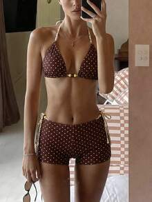 Bonvoyette 女士三件套泳装：波点印花挂脖比基尼上衣、低腰泳裤和手提包，时尚休闲海滩度假装扮，甜美性感 - 彩色 - 查看 1