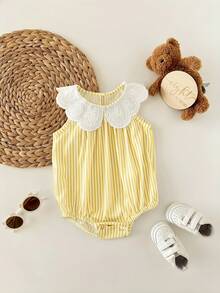 新生女宝宝可爱夏季休闲度假条纹荷叶边无袖连体衣 - 黃色 - 查看 7