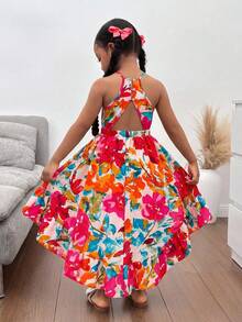 SHEIN 年轻女孩优雅简约露背印花无袖连衣裙 - 粉色 - 查看 2