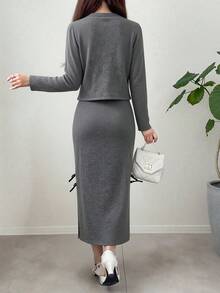 FRIFUL 2pcs Women Minimalist Commuter Front Button Jacket And Side Slit Dress Set - Grey - View 4