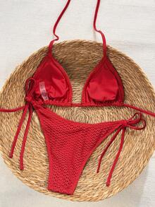 Swim Vcay 2026春夏纯色特殊面料女士泳衣，吊带露背性感侧系带丁字比基尼两件式泳装 - 紅色 - 查看 2