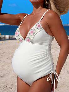 SHEIN 孕妇沙滩钩针拼接侧抽绳连体泳衣 - 彩色 - 查看 7