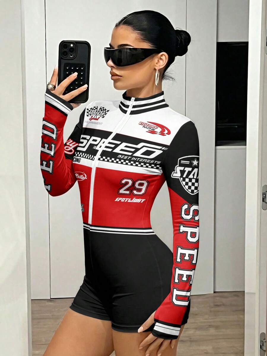 SHEIN ICON 休闲简约运动街头风连体裤，适合派对、聚会、机场、摩托车/赛车等场合，黑色红色数字字母英文印花图案，音乐节、夏季户外修身连体裤 - 彩色 - 查看 1