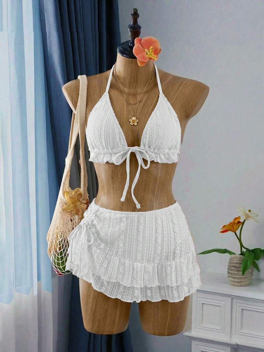 Bellisia 女士甜美杏色蕾丝三角罩杯比基尼泳衣沙滩裙套装，夏季度假 - 白色 - 查看 1