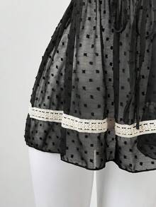 Sunspun New Arrival Sweet Elegant Going Out Tops, Bow Accent, Chiffon Textured Fuzzy Fabric Patchwork Lace Ruffle Trim Bowknot Spaghetti Strap Peplum Hem Cropped Tank Top, Spring/Summer/Fall - Black - View 4