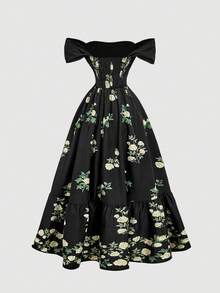 SHEIN MOD 女士优雅印花露肩长连衣裙，夏季 - 黑色 - 查看 2