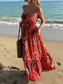 Breezaya Đầm nữ thanh lịch in hoa, đầm đỏ đi biển, đầm hai dây mùa hè. - Nhiều màu - Xem 7