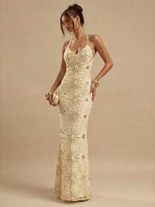 SHEIN BAE Đầm dài gợi cảm, thanh lịch, lãng mạn, quyến rũ, hở lưng, chất liệu lưới đính sequin dành cho nữ, thích hợp cho các buổi dạ tiệc, đám cưới, kỳ nghỉ, đi chơi đêm, hộp đêm, hẹn hò ăn tối, v.v. - Màu be - Xem 5