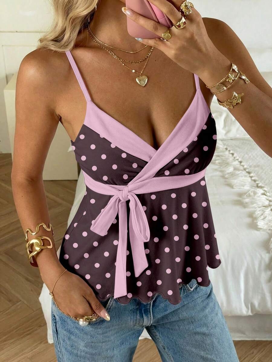 CovetEZ Women's Retro Contrast Polka Dot Print Tie Front Camisole, Suitable For Outings, Street Style, Chic, Y2K, Beach Vacation - Multicolor - View 1