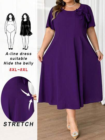 SHEIN CURVE+ Plus Size Women's Solid Color Bow Decor Round Neck Short Sleeve Elegant Mid-Length Dress, Summer Dresses