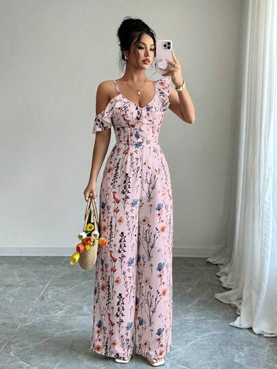 Arcane Artistry Bộ jumpsuit ống rộng in họa tiết, cổ bèo nhún bất đối xứng, thanh lịch dành cho nữ, thích hợp cho kỳ nghỉ.