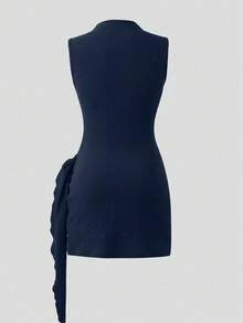 Olithes 时尚新款春夏约会之夜性感优雅修身高领金属扣褶皱无袖连衣裙（女款） - 藏蓝色 - 查看 2