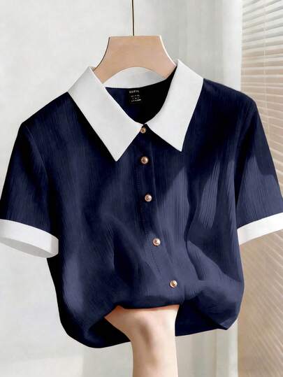 Franclia เสื้อเบลาส์ชีฟองสีชมพูหรูหรา คอปกขาว แขนสั้น ทรงหลวม สำหรับผู้หญิง