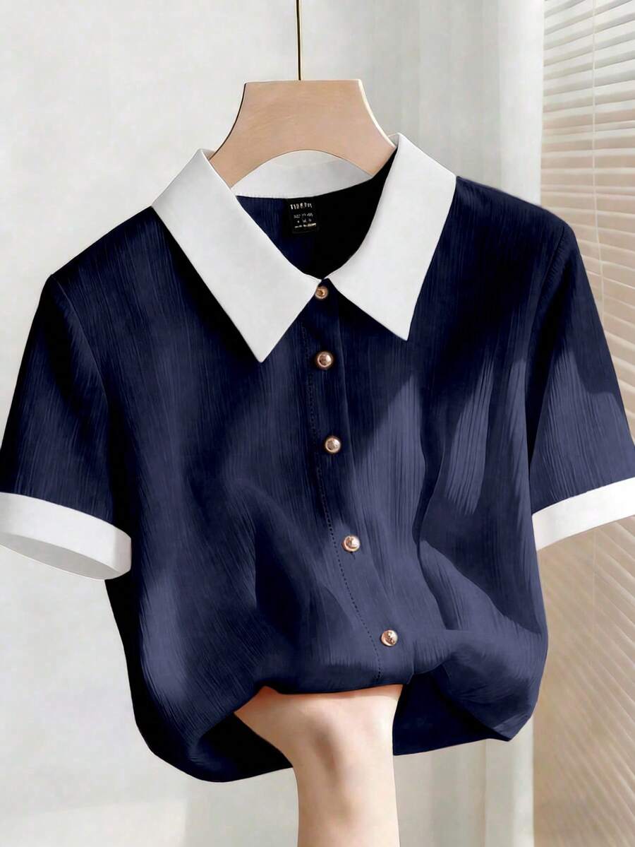 Franclia 女士优雅粉色雪纺褶皱白色领宽松短袖衬衫 - 藏蓝色 - 查看 1