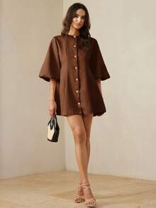 BELROSIE Gaun Rajut Herringbone Lengan Lentera Elegan Serbaguna dengan Desain Modis dan Mewah - Coklat - View 4