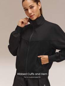 GLOWMODE Go With The Glow Waist-Length Sunproof Water-Resistant Elastic Ribbed Cuffs Hem Two-Way Zipper Back Pocket Packable Relaxed Fit Bomber Jacket Travel Running Jogging Outdoor Daily Active Wear - Black - View 6