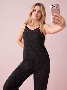Bonmuse Cherry Print Cami Top And Pants Women Summer Sleepwear Pajama Set - Black - View 6