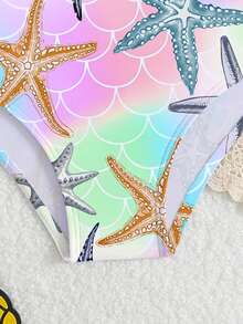 女童海星鱼鳞印花宽肩带露背连体泳衣，圆领设计，时尚休闲，优雅大方，适合游泳、夏季度假和海滩穿着。 - 彩色 - 查看 5