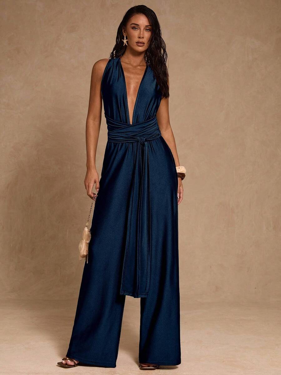 SHEIN Glamour 女士纯色深V领扭腰无袖性感连体裤 - 藏蓝色 - 查看 1