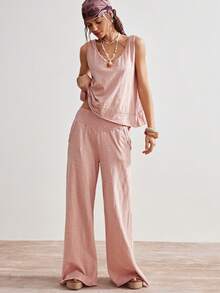 Bohemela Bộ 2 món gồm áo tank top và quần ống rộng dệt kim màu trơn dành cho nữ, kiểu dáng thường ngày. - Hồng - Xem 2