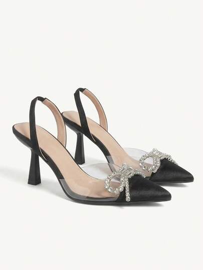 CUCCOO CHICEST Woman Shoes Rhinestone Decor Pyramid Black Heeled Slingback Fashion Pumps For Summer Graduation Heels Prom Heels Vacation Shoes Summer Elegant Heels Back To School Shoes College Student Shoes Spring Shoes Spring Break Easter For Christmas Elegant Shoes Wedding Shoes