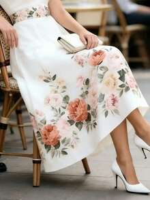 Balvessa Women's Elegant Floral Print A-Line Skirt - White - View 3