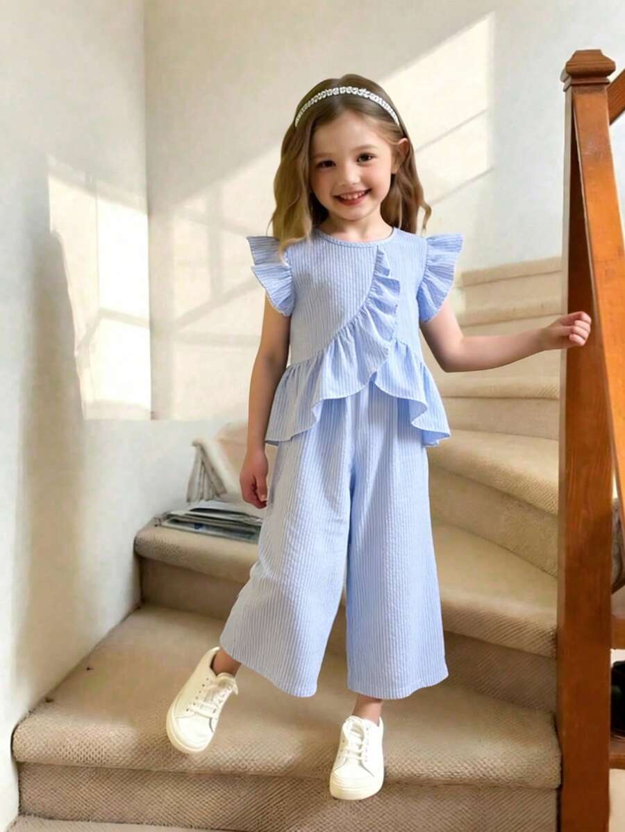 Elladie kids 2件組女童甜美校園風藍白條紋荷葉邊不對稱下擺上衣與休閒長褲套裝,夏季家庭親子穿搭優雅童裝 - 藍色 - 查看 1